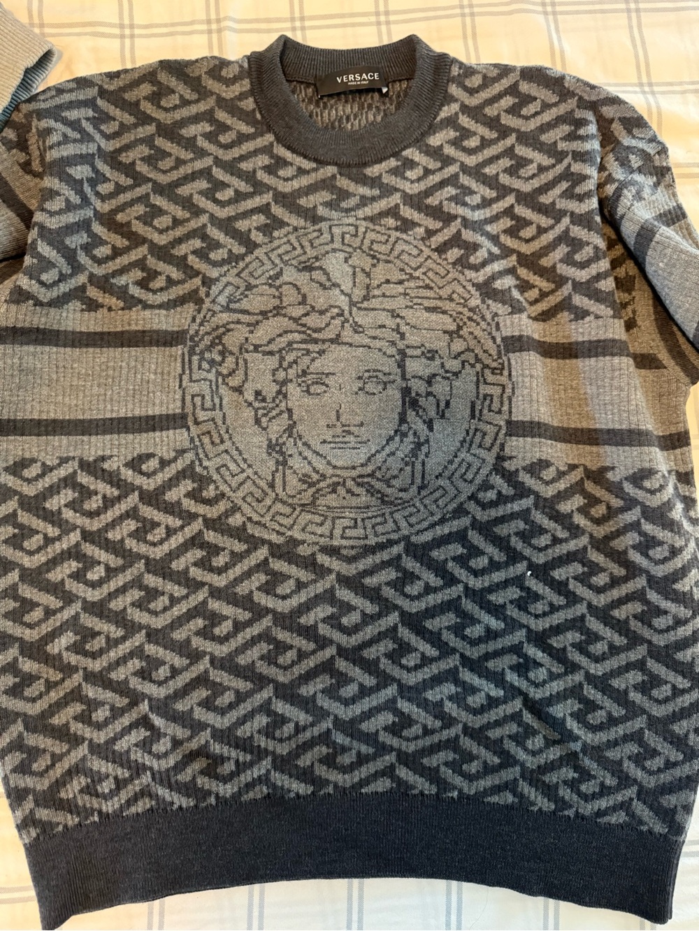 Versace Black and Gray Medusa Jacquard Crewneck Sweater